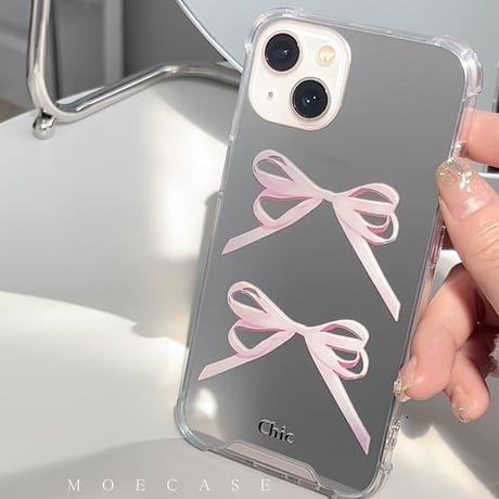 リボン ミラー iPhone14/13ケース  シック アイフォン13/12/11promaxカバー 使いやすい 化粧直しに便利 ガールズに人気[M2746]