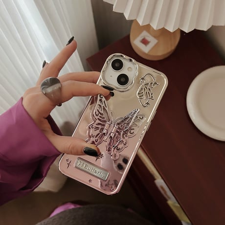 鏡 蝶スタンド iPhone15Pro/15ケース   高級感 アイフォン14/13proカバー 黄ばまない オシャレ 女子力アップ [M3725]