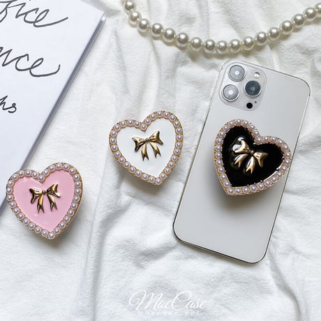 真珠リボンデコハート スマホストラップ オシャレ かわいい 卓上スタンド 使いやすい ガールズに人気 ギフトにおすすめ[M2843]