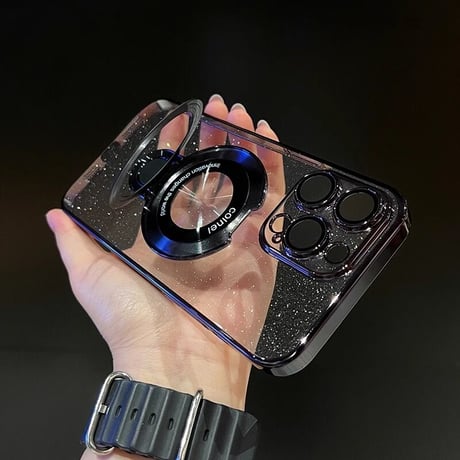 Magsafe対応 iPhone15/15proケース スタンド オシャレ アイフォン14/13proカバー レンズフイルム付 キラキララメ入り [M3620]