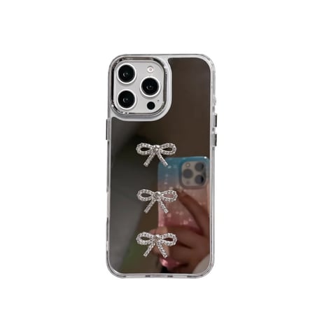 ジュエリーリボン iPhone16pro/16カバー メイク鏡付 iPhone15ptomax/14pro/13ケース おしゃれ 上品 可愛い [M5124]