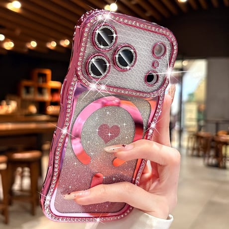 うねうねジュエリーライン iPhone17Pro/17ケース MagSafe対応 ハート柄 iPhone16/15/14ケース ラグジュアリー感 メタリックカラー レンズ保護[M6311]
