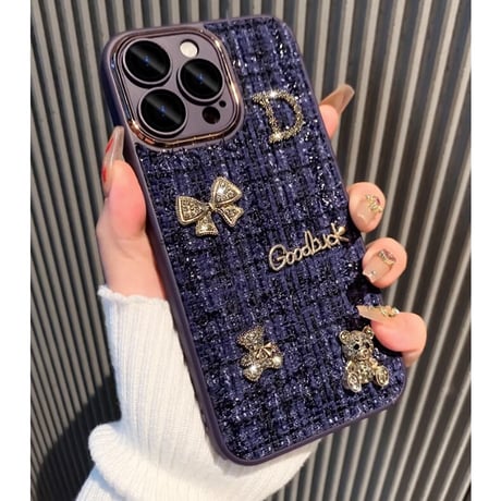 布地 iPhone16/15plusケース  放熱仕様 iPhone14/13proソフトケース カメラ保護 リボン熊ちゃんデコ 秋冬人気[M3618]
