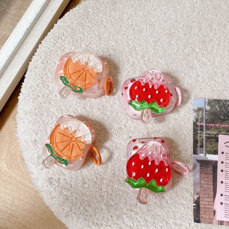 イチゴ/オレンジ AirPodsPro2ケース  可愛い airpods3/2カバー 美味しそう リング付き ギフトにおすすめ[M3277]