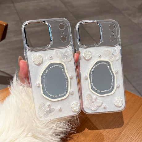 ミラー iPhone17Pro/17ケース  花/蝶 iPhone17ProMax/16Pro/15カバー かわいい 女子力アップ [M6293]
