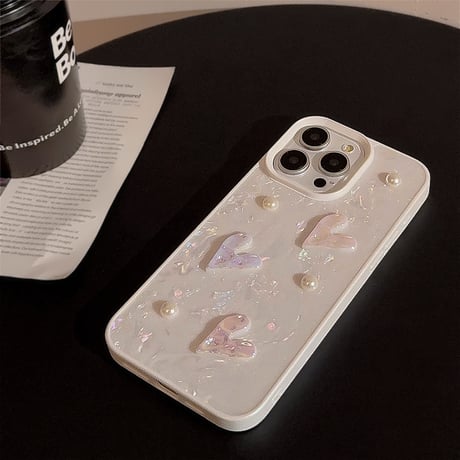 シェル風 iphone15/15proケース  ハート/パールデコ  iphone14pro/13/12promax/11カバー 可愛い 女子力アップ[M4129]