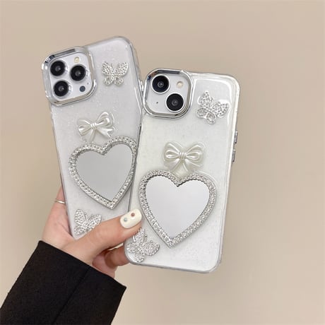 ジュエリーハート鏡 iPhone15/15pro/15plusケース リボン/蝶 iPhone14/13pro/12ケース 女子力アップ 黄ばまない[M4507]