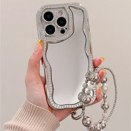 ジュエリー鏡付 iPhone16pro/16ケース ビーズチェーンストラップ アイフォン15pro/14/13proケース 大人可愛い 女子力UP メイク直しに便利[M5194]