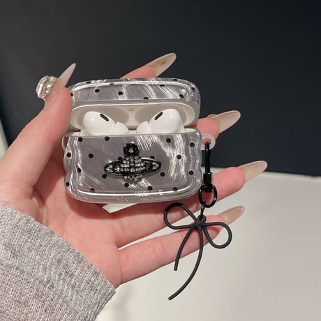 Airpods 4ケース うねうね 水玉模様 ビジューデコ AirpodsPro2/Pro1/第三世代カバー リボンチャーム めっちゃ可愛い[M4689]