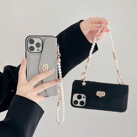 レザー カード収納  iphone14/14promaxケース 真珠ストラップ付 アイフォンSE3/13/12/11PROケース セレブ愛用 高級感 Girlsに大人気[M2473]