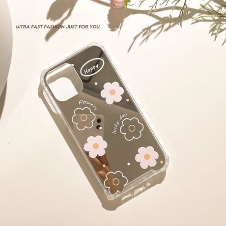 花柄鏡付 iPhone15/15proケース かわいい 丈夫 iPhone14/13mini/12/11カバー 便利 女子力UP [M3993]