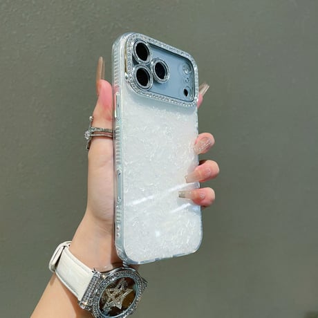 シェル柄 iPhone17/17Proケース ダイヤレンズカバー 美しい iPhone17ProMax/16/15ケース キラキラ感  [M6166]