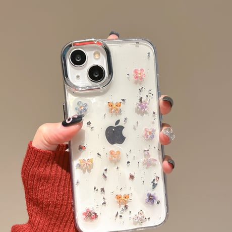 春夏向け アイフォン16pro/15ケース 花/蝶デコ iPhone14/13pro/12カバー 透明 大人可愛い 丈夫[M5154]