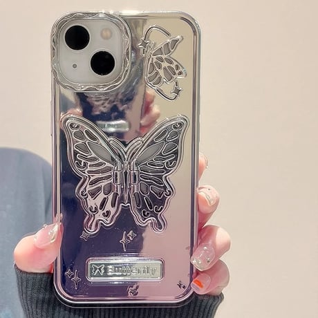 鏡 蝶スタンド iPhone15Pro/15ケース   高級感 アイフォン14/13proカバー 黄ばまない オシャレ 女子力アップ [M3725]