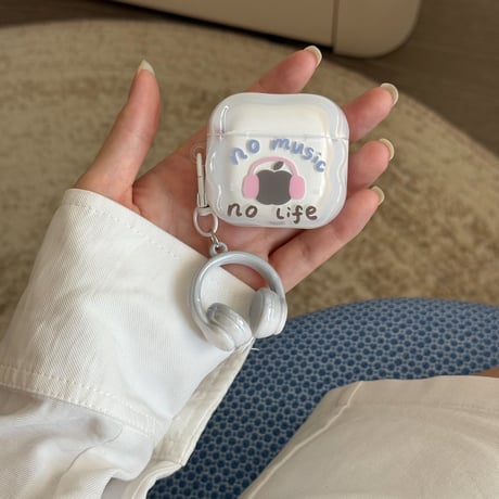 no music no life Airpods Pro3/4ケース ヘッドホンキーホルダー付 AirpodsPro2/Pro1カバー  エアポッズ3/2  かっこいい ギフトに最適 [M6420]