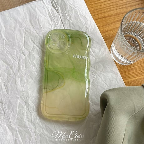 抹茶グリーン暈し染め iPhone13/14カバー Happy高級感 iphone12pro/11ケース  可愛い 透明感 頑丈 波紋枠 落下防止 [M2881]