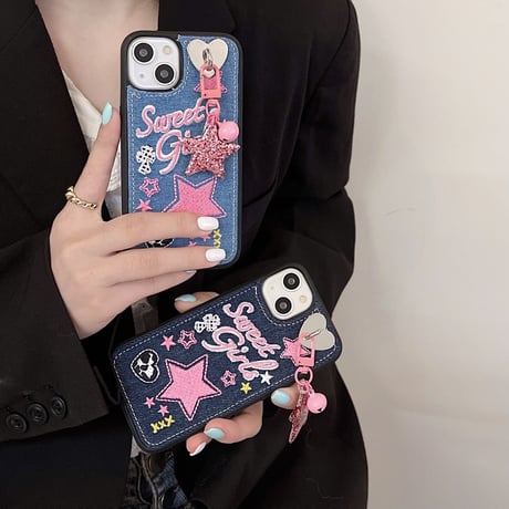 刺繡入り sweet girl iphone14/14promaxケース デニム お揃いアイフォン13/12/11カバー 星 可愛いプレゼントにおすすめ[M2251]