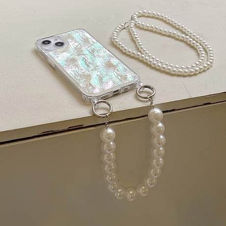 本物の貝殻 iphone16/15Pro/14/13proケース オシャレ iphone12/11proカバー  短い/長い真珠ストラップ付 可愛い キラキラ[M2020]
