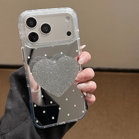 水玉模様ミラー iPhone17pro/17ケース ラメ入りハートグリップ iPhone16/15pro/14ケース 女子力高い[M6118]