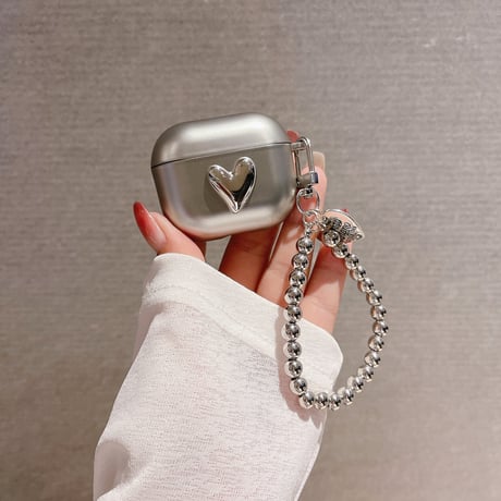 シルバーハート airpods4/3ケース ストラップ付 エアーポッズproカバー クール 可愛い 艶あり[M2049]