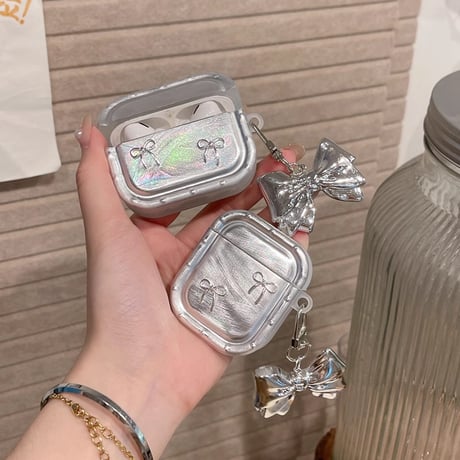リボン Airpods 4ケース キーチェーン付 AirpodsPro2/Pro1 Airpods3/2カバー シルバー高級感 耐久性ある[M4797]