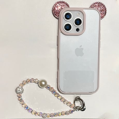 ダイヤ耳付 iPhone16Pro/17ケース キラキラストラップ付 iPhone15promax/14pro/13カバー 透明 可愛すぎ[M5619]