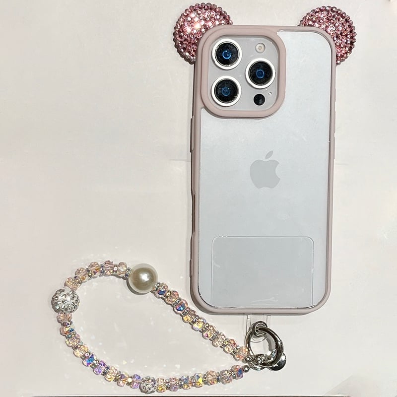 ダイヤ耳付 iPhone16Pro/17ケース キラキラストラップ付
