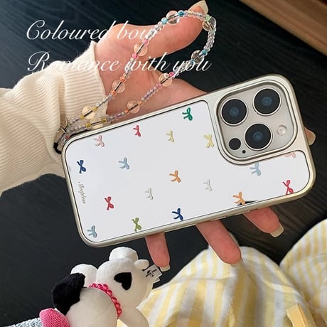 リボン ミラー iPhone16/16Proケース ストラップ付 iPhone15Pro/14/13 大人可愛い 丈夫[M4730]