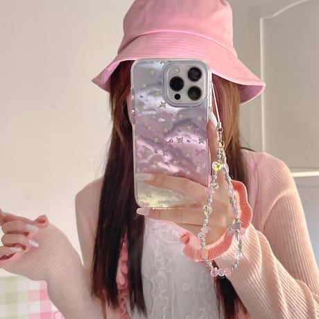 グラデーションカラー iPhone16pro/16ケース 花柄 リボン柄 iPhone15pro/14/13promaxケース かわいい ストラップ付 オシャレ [M5073]