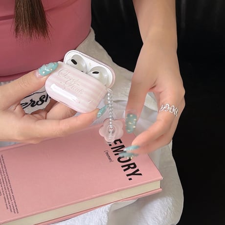 ピンク Airpods Pro3ケース 縞模様 Airpods4/3カバー pro2/pro1 リング/花キーホルダー かわいい[M6539]