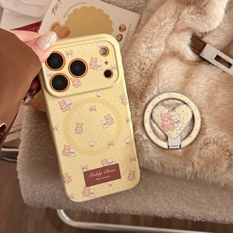 MagSafe対応 熊さん iPhone17Pro/17ケース マグネット式リングスタンド付 iPhone17ProMax/16Pro/15カバー 女子力アップ [M6226]