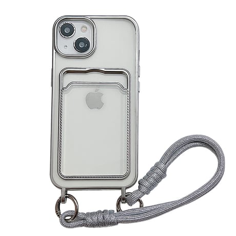カード入れ iPhone15pro/16ケース ストラップ付 メッキ アイフォン14/13/SEカバー 便利 シンプル[4347]