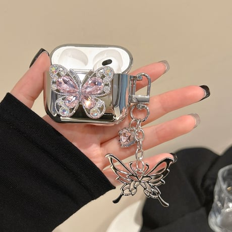 春夏におすすめ Airpods4ケース ダイヤ蝶  Airpods3/Pro2ケース airpodspro2カバー  蝶キーチェーン付 女子力高い メッキ[M5125]