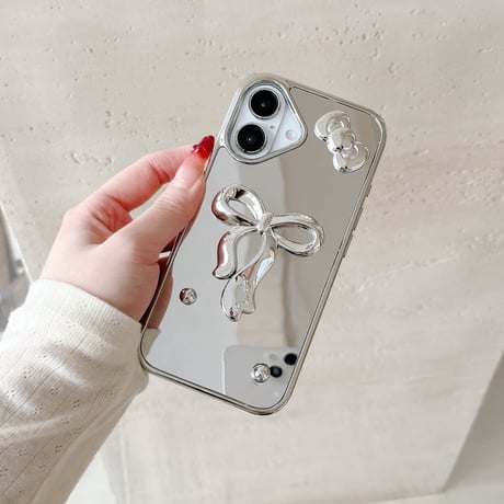 リボン ミラーiPhone16/16proカバー ストラップ付 iPhone15pro/14/13promaxケース かわいい メイク直し 女子力UP [M5088]