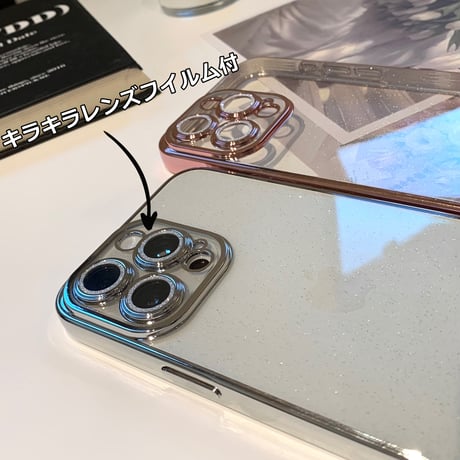 黄ばまないキラキラ iPhone15/15proケース  ナチュラル/ブルーチタニウム iPhone14/13/12 ラメレンズフイルム 軽量丈夫[M3942]