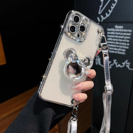 ショルダーストラップ付 iPhone16/16Proケース  ダイヤ鏡グリップ/ジュエリー iPhone15/14Pro/13カバー おしゃれ 多機能[M5425]