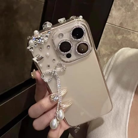 ハンドメイド iPhone16pro/16ケース ダイヤ ジュエリーリボンフリンジ iPhone14/13pro/12カバー 大人可愛い シック[M5203]