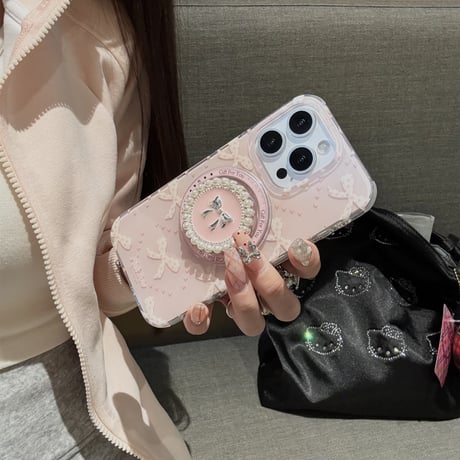 リボン柄 iPhone16pro/16ケース パールとリボングリップ マグネット iPhone15pro/14/13promaxケース かわいい 多機能 女子力UP [M5072]