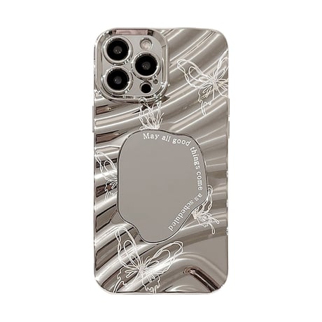 ミラー iPhone15/15Proケース シルバー 蝶柄 iPhoneSE2/14/13Pro/12ケース シック 波紋 ファッションセンスいい [M3805]