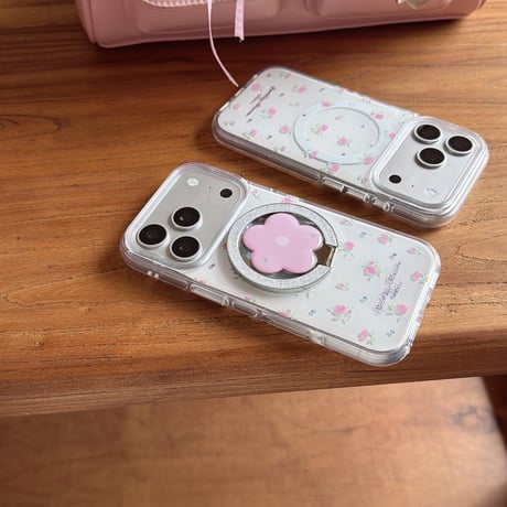 花リングスタンド iPhone17/17Proケース MagSafe対応 iPhone16Pro/15/14ケース 可愛い便利 甘めコーデ [M6423]