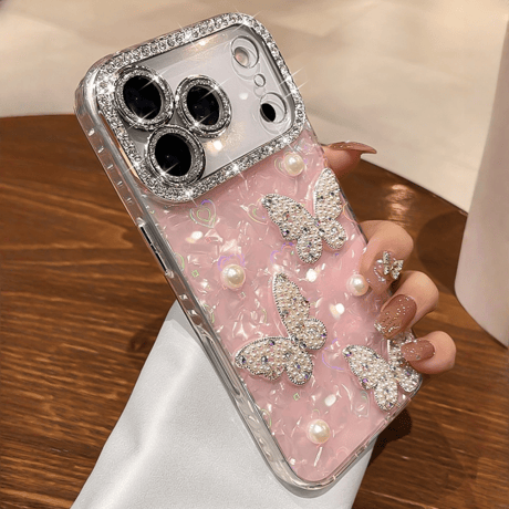 パール蝶 iPhone17Pro/17ケース シェル調 キラキラハート柄 iPhone17promax/Air/16ケース レンズフイルム付き 大人可愛い [M5695]