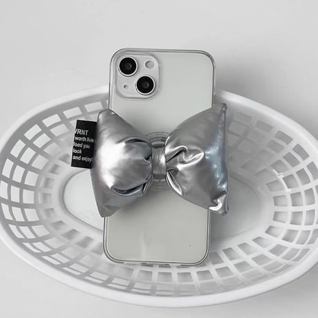銀色リボングリップ iPhone15/14proケース クリア iPhone13mini/12/11pro/SE3カバー 韓国風 可愛い ギフトにおすすめ [M3243]