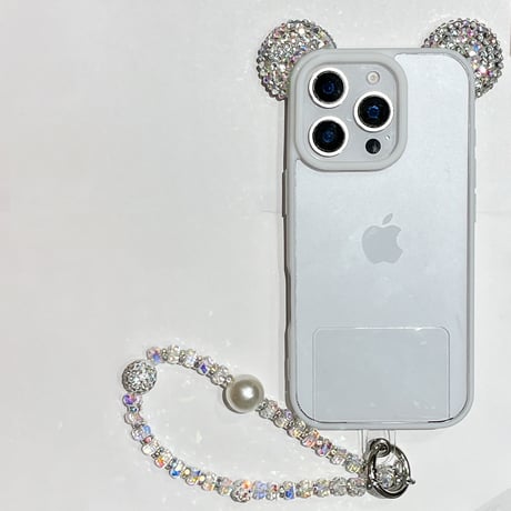ダイヤ耳付 iPhone16Pro/17ケース キラキラストラップ付 iPhone15promax/14pro/13カバー 透明 可愛すぎ[M5619]