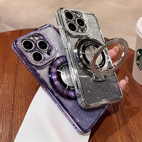 ストーン MagSafeスタンド iPhone15Pro/15ProMaxケース  キラキラ高級感  iPhone14/13Proカバー インナーシート付き[M3694]