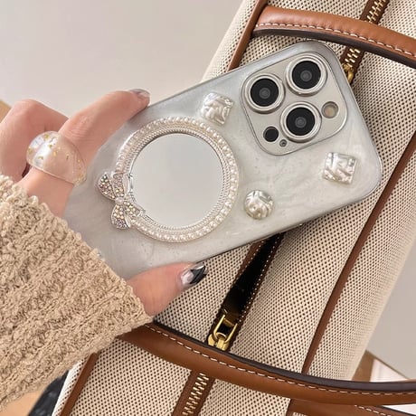 鏡 iPhone15/15proケース パール/宝石 アイフォン14/13pro/12ケース かわいい 女子力高い[M4486]