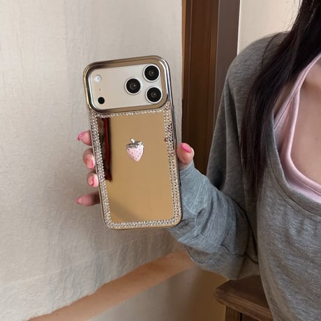ダイヤデコミラー iPhone17Pro/17ケース 花/いちご ハンドメイド iPhone16Pro/15/14ケース 存在感ある 頑丈 人気品[M6178]