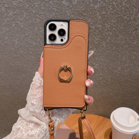 カード入れ3個 iPhone14/15proケース 高級感レザーアイフォン13/12/11proカバー リング セ長さ調整可ストラップ付 [M2861]