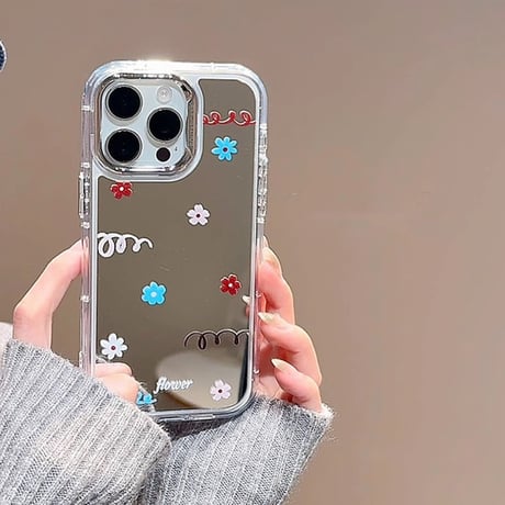 花柄 ミラーiPhone16pro/16ケース  花グリップ iphone15pro/14/13proカバー 大人可愛い スタンド付 人気品[M5199]