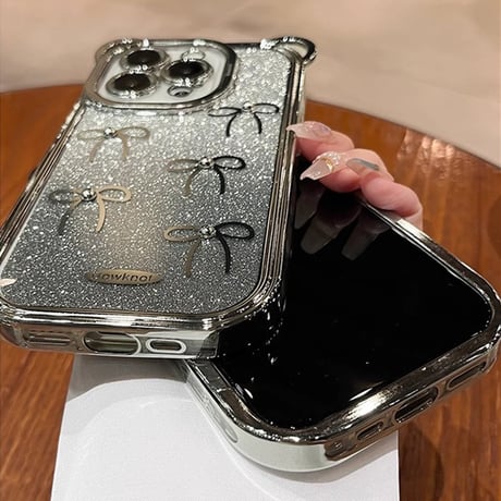 耳付 リボン柄 iPhone15Pro/15カバー キラキラインナーシート付 透明アイフォン14pro/13ケース チェーン付[M4422]