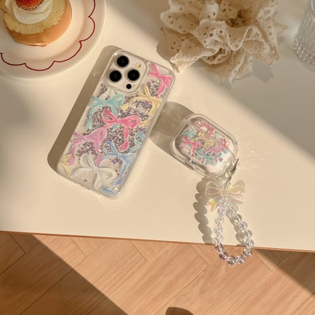 動くダイヤ iPhone15/15proケース リボン柄 iPhone14/13pro/12クリアケース かわいい女子力アップ[M4506]